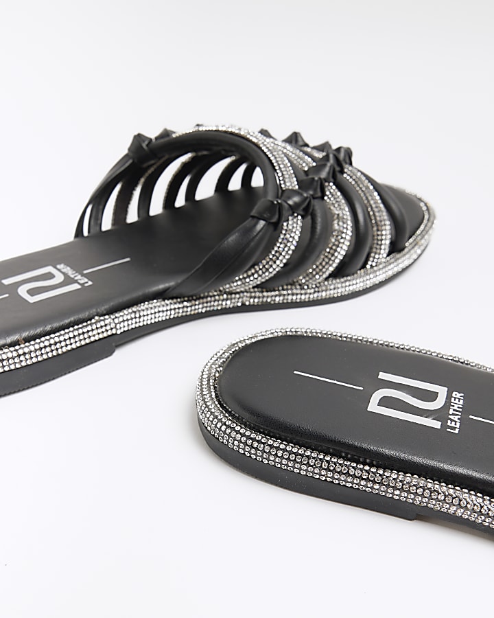 river island Black Wide Fit Embellished Sliders