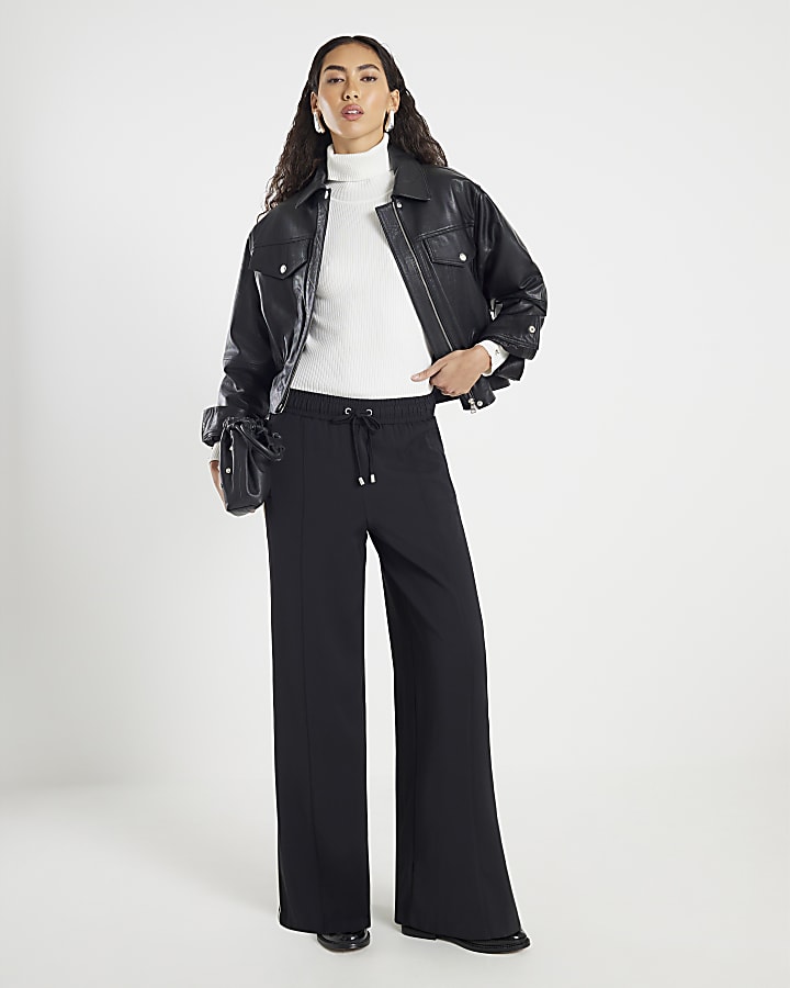 River Island Black Wide Leg Side Striped Joggers