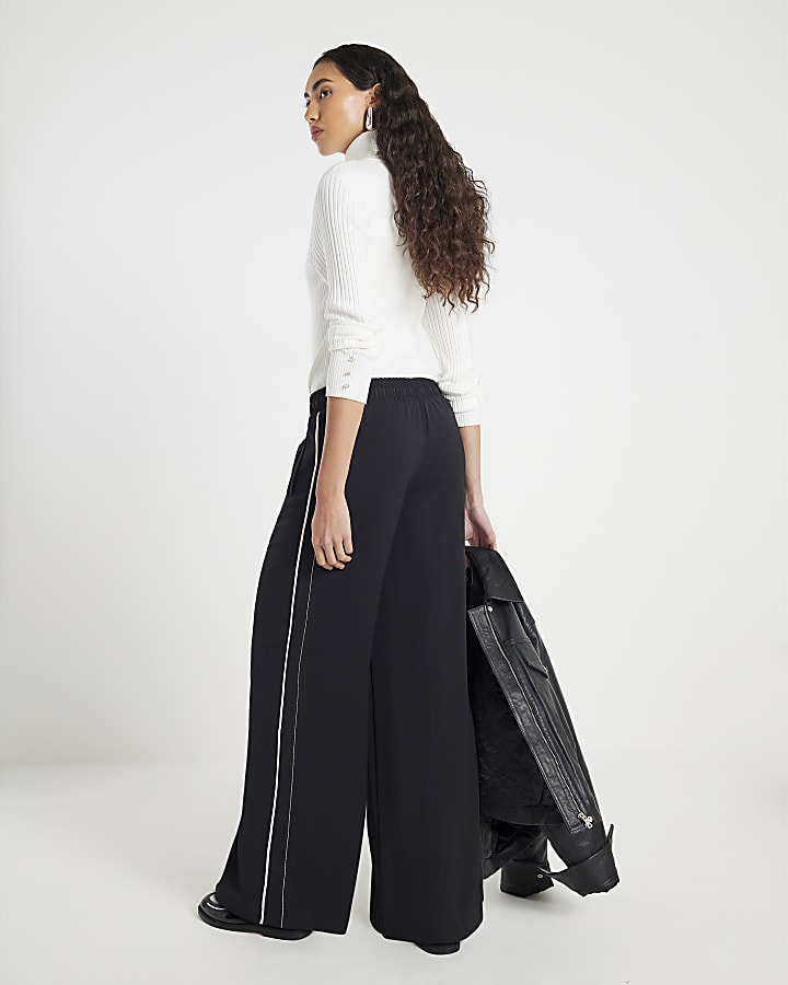 River Island Black Wide Leg Side Striped Joggers