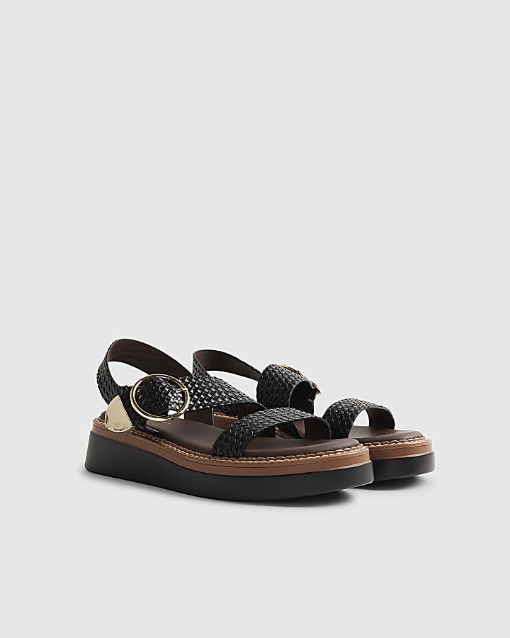 River Island Black Woven Buckle Flatform Sandals