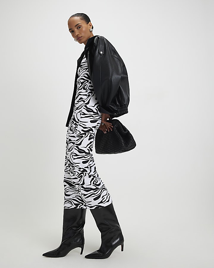 River Island Black Zebra Print Ribbed Midi Dress