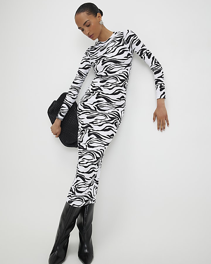 River Island Black Zebra Print Ribbed Midi Dress