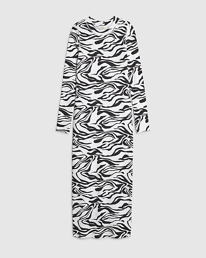 river island Black Zebra Print Ribbed Midi Dress