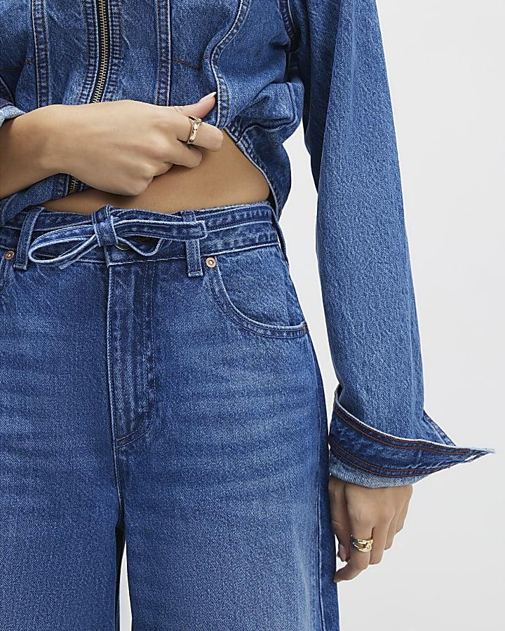 River Island Blue Baggy Wide Leg Tie Waist Jeans