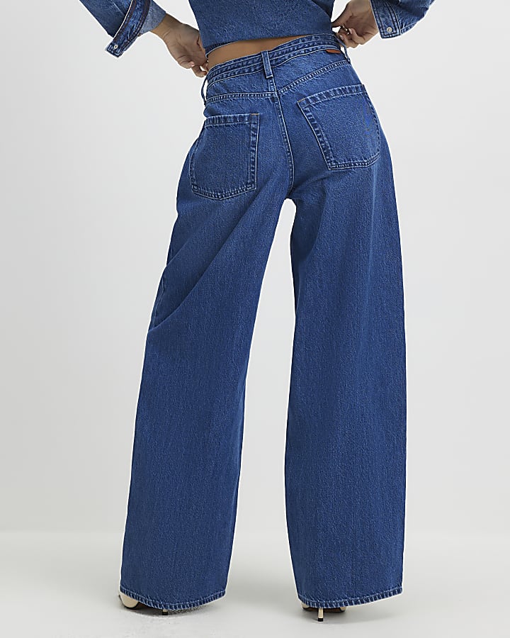 River Island Blue Baggy Wide Leg Tie Waist Jeans