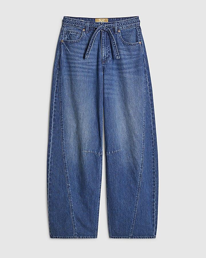river island Blue Baggy Wide Leg Tie Waist Jeans