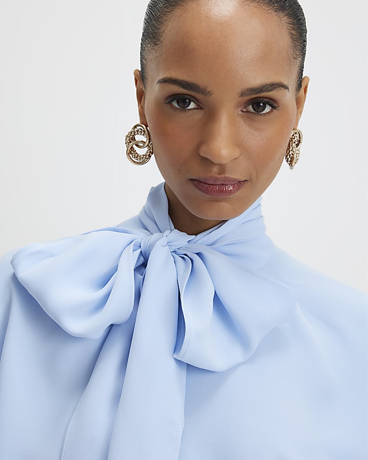 River Island Blue Batwing Sleeve Pussybow Blouse