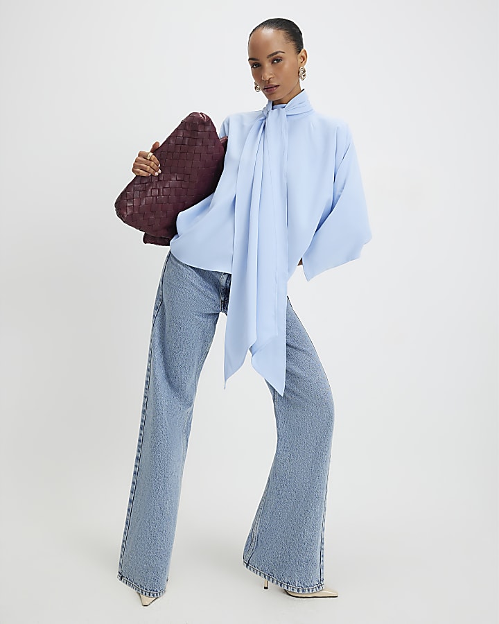 River Island Blue Batwing Sleeve Pussybow Blouse