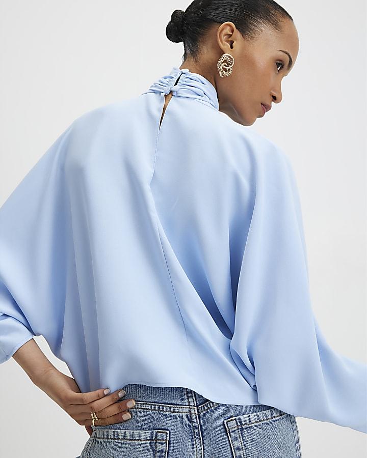 River Island Blue Batwing Sleeve Pussybow Blouse