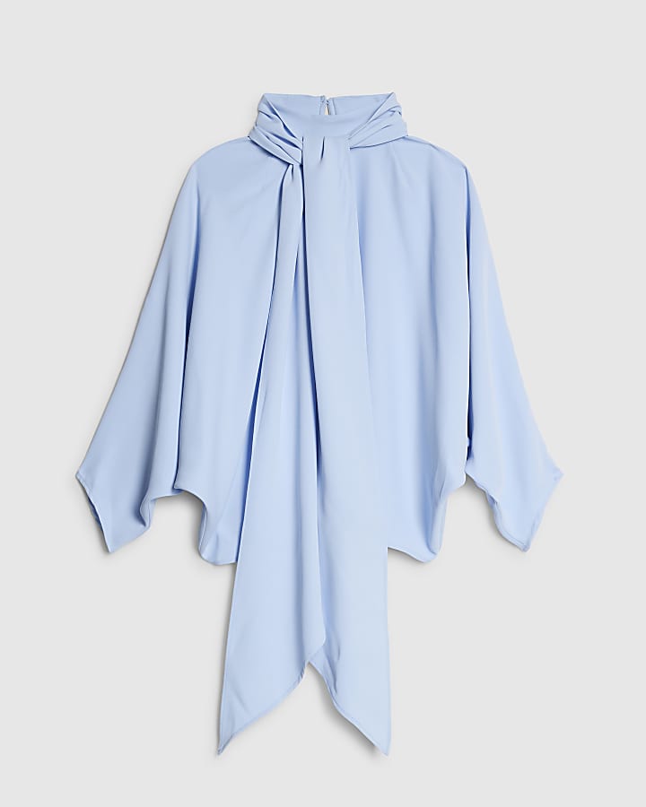 river island Blue Batwing Sleeve Pussybow Blouse