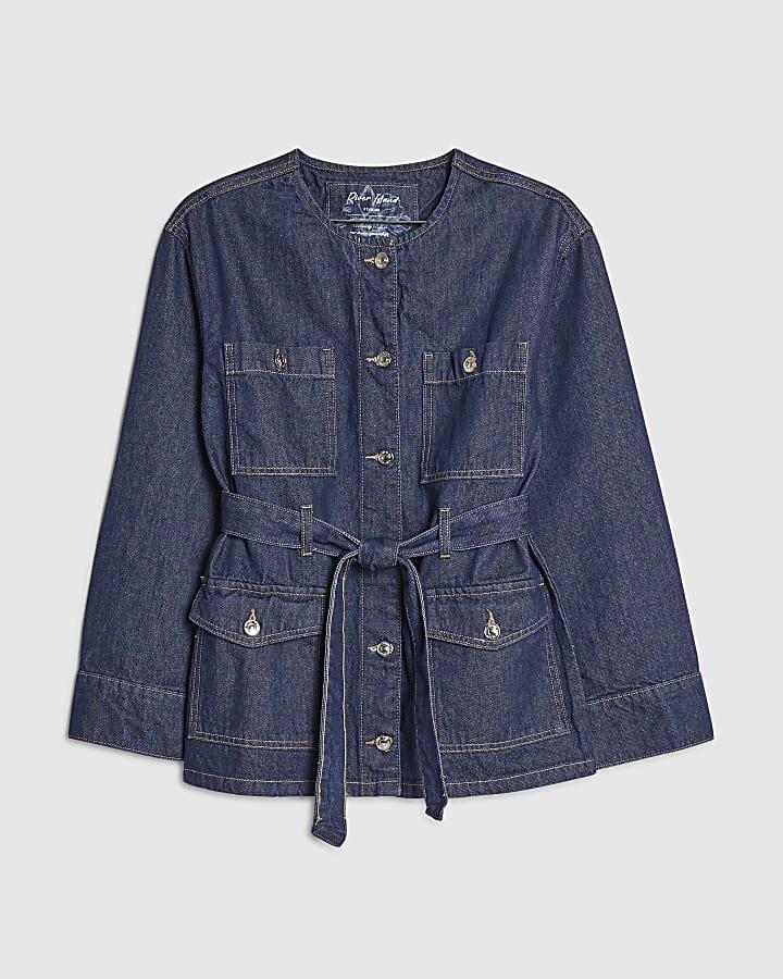 river island Blue Belted Denim Jacket