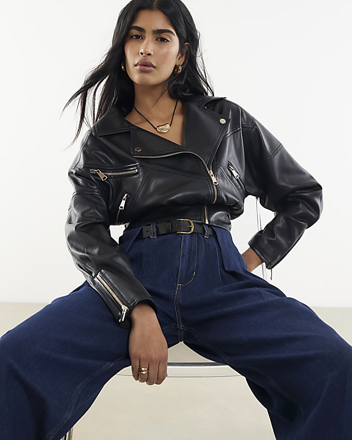 River Island Blue Belted Pleated Wide Leg Jeans
