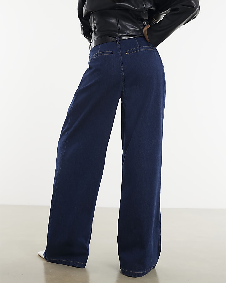 River Island Blue Belted Pleated Wide Leg Jeans