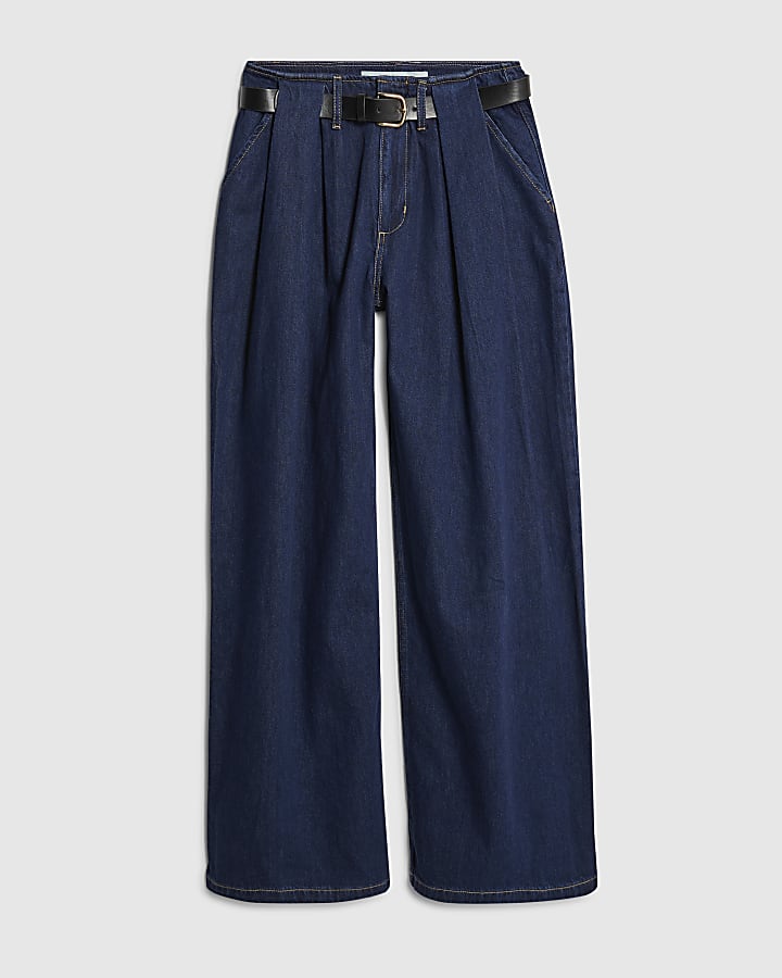 river island Blue Belted Pleated Wide Leg Jeans