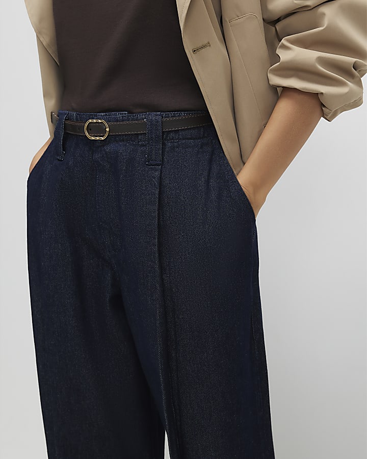 River Island Blue Belted Split Hem Wide Leg Jeans