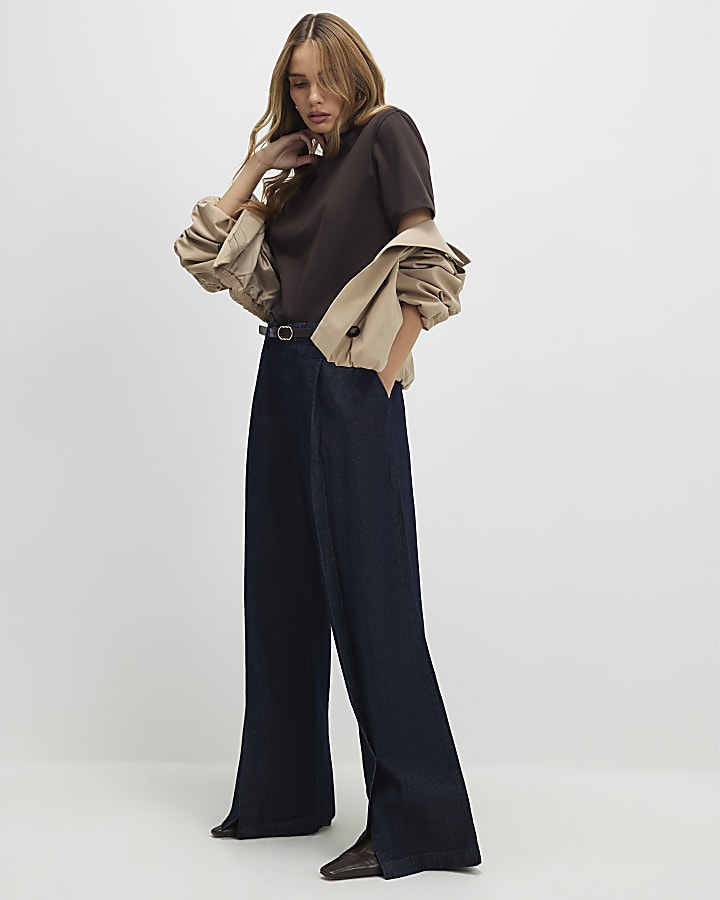 River Island Blue Belted Split Hem Wide Leg Jeans