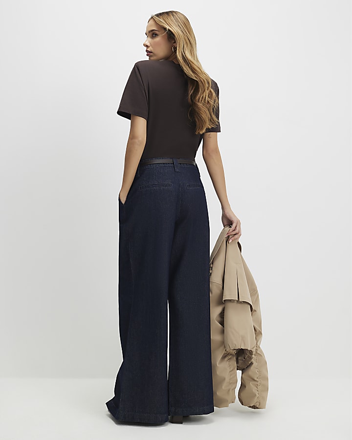 River Island Blue Belted Split Hem Wide Leg Jeans