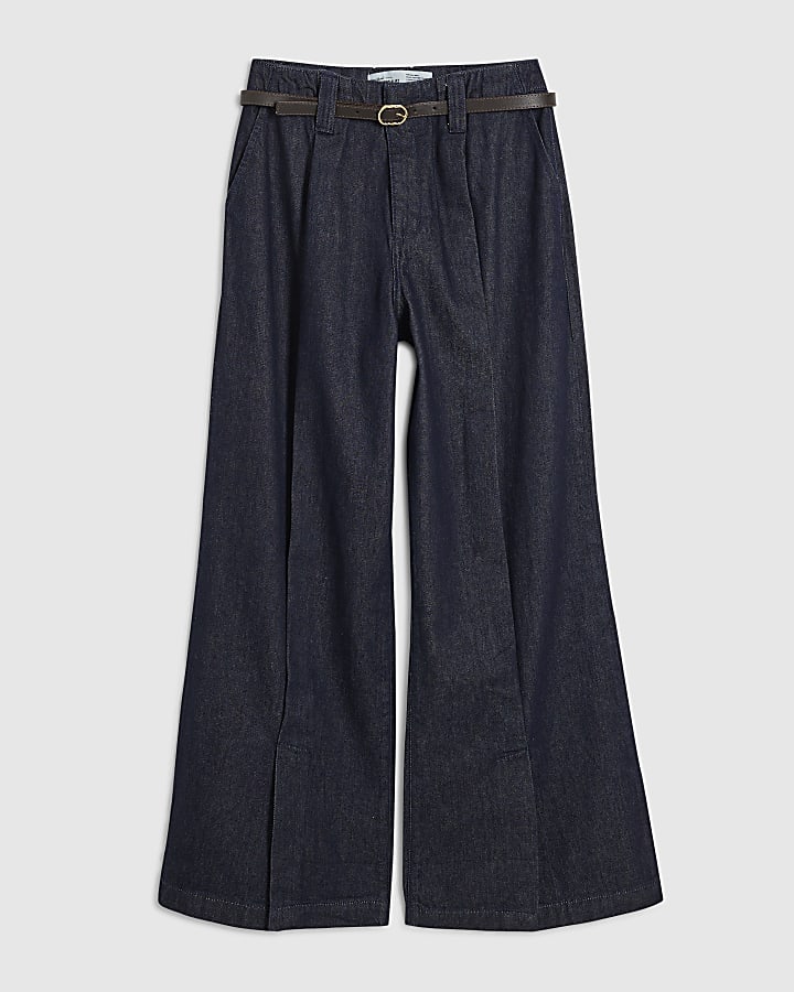 river island Blue Belted Split Hem Wide Leg Jeans