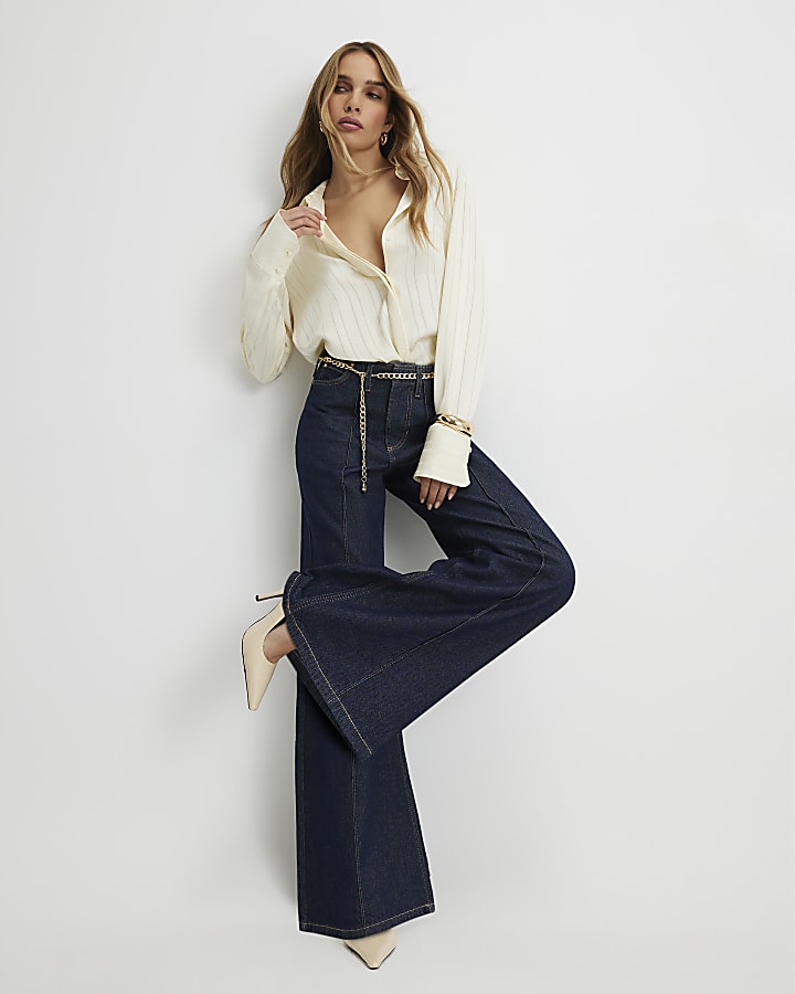 River Island Blue Belted Wide Leg Jeans