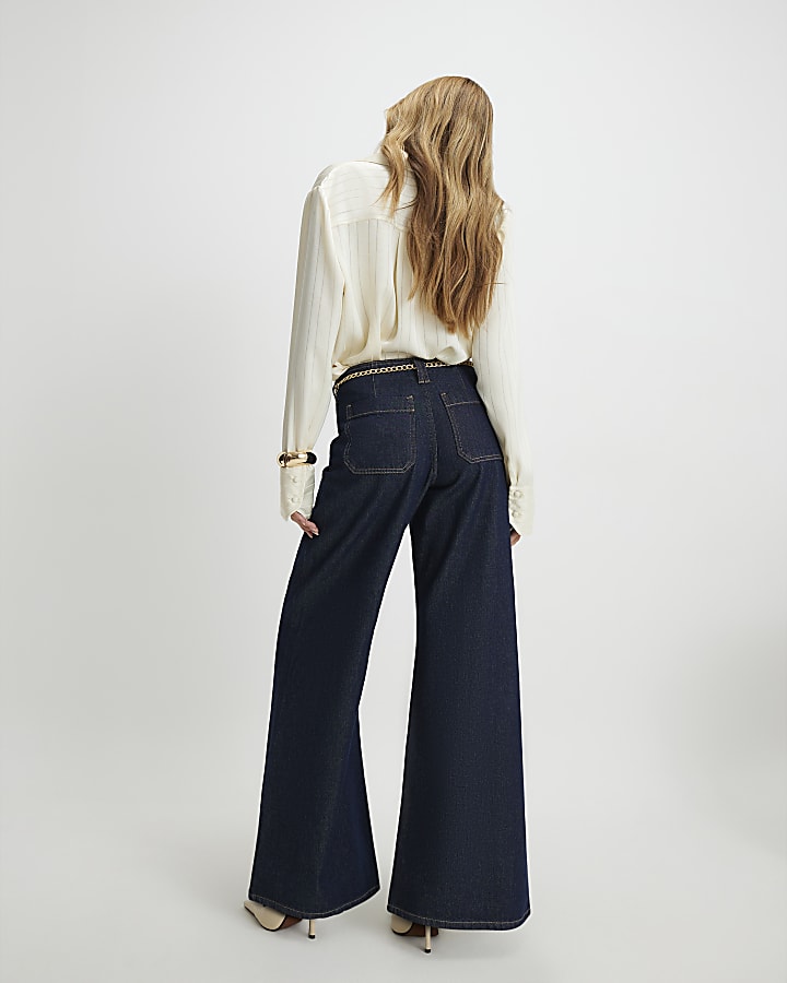 River Island Blue Belted Wide Leg Jeans