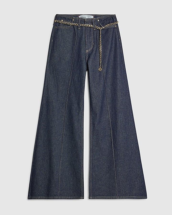 river island Blue Belted Wide Leg Jeans