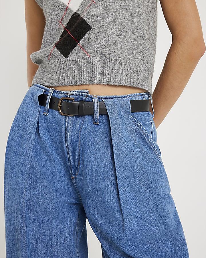 River Island Blue Belted Wide Leg Pleated Jeans