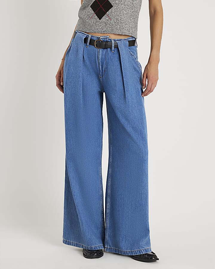 River Island Blue Belted Wide Leg Pleated Jeans