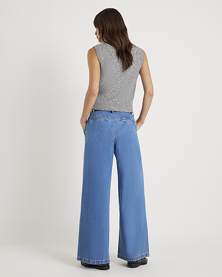 River Island Blue Belted Wide Leg Pleated Jeans