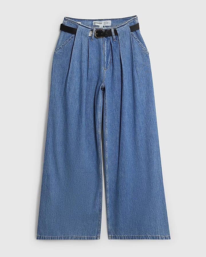 river island Blue Belted Wide Leg Pleated Jeans