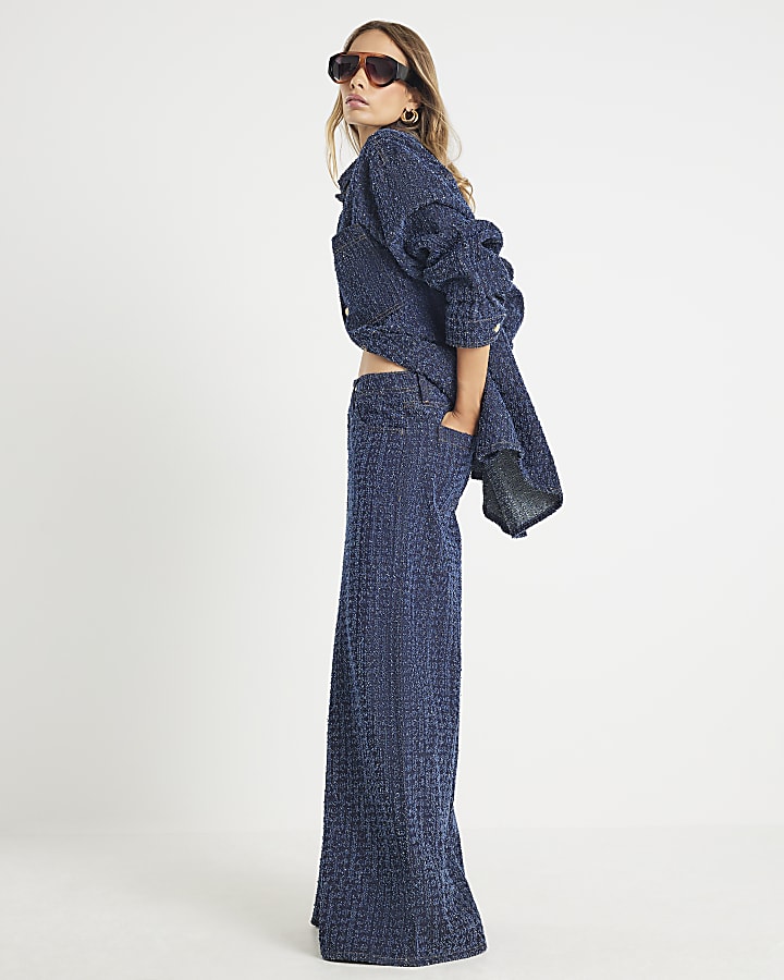 River Island Blue Boucle Baggy Wide Leg Jeans