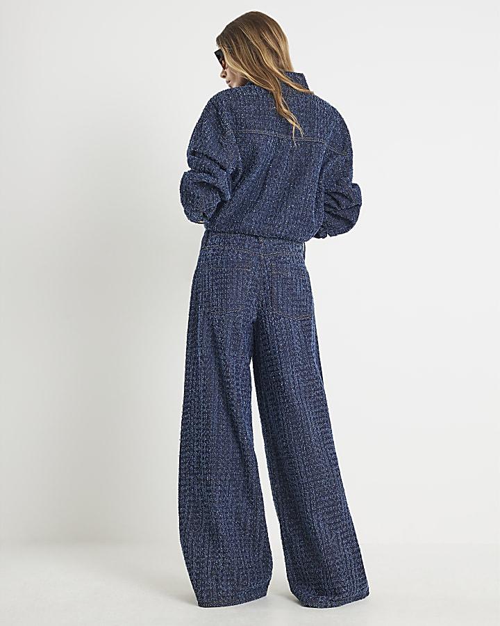 River Island Blue Boucle Baggy Wide Leg Jeans
