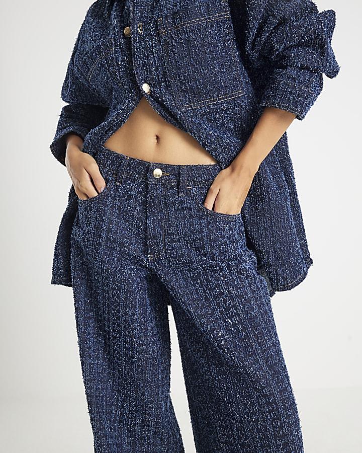 River Island Blue Boucle Baggy Wide Leg Jeans