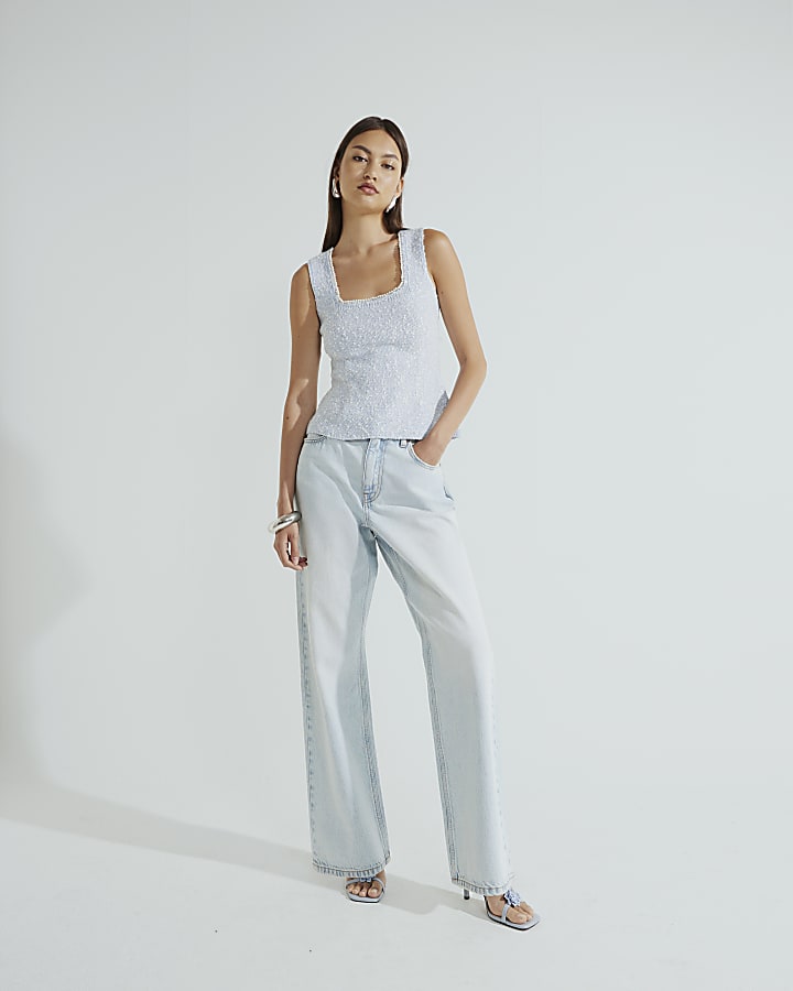 River Island Blue Boucle Embellished Trim Vest