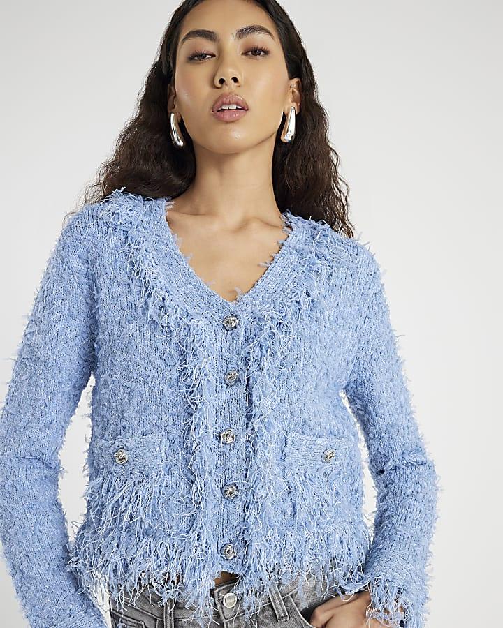 River Island Blue Boucle Long Sleeve Cardigan