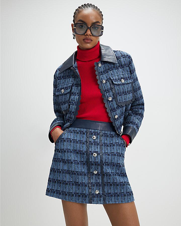 River Island Blue Boucle Scallop Mini Skirt