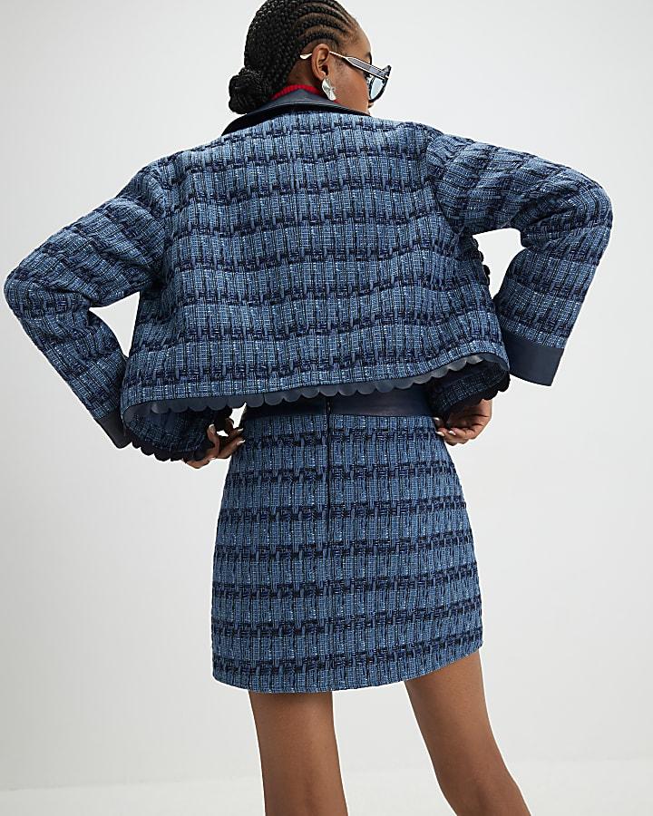 River Island Blue Boucle Scallop Mini Skirt