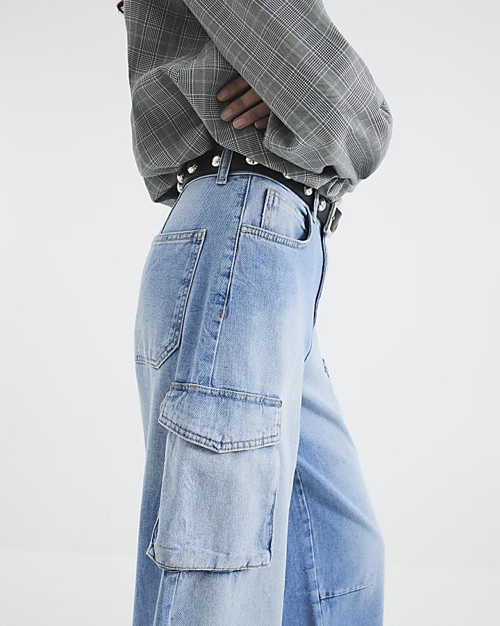 River Island Blue Cargo Pocket Barrel Leg Jeans