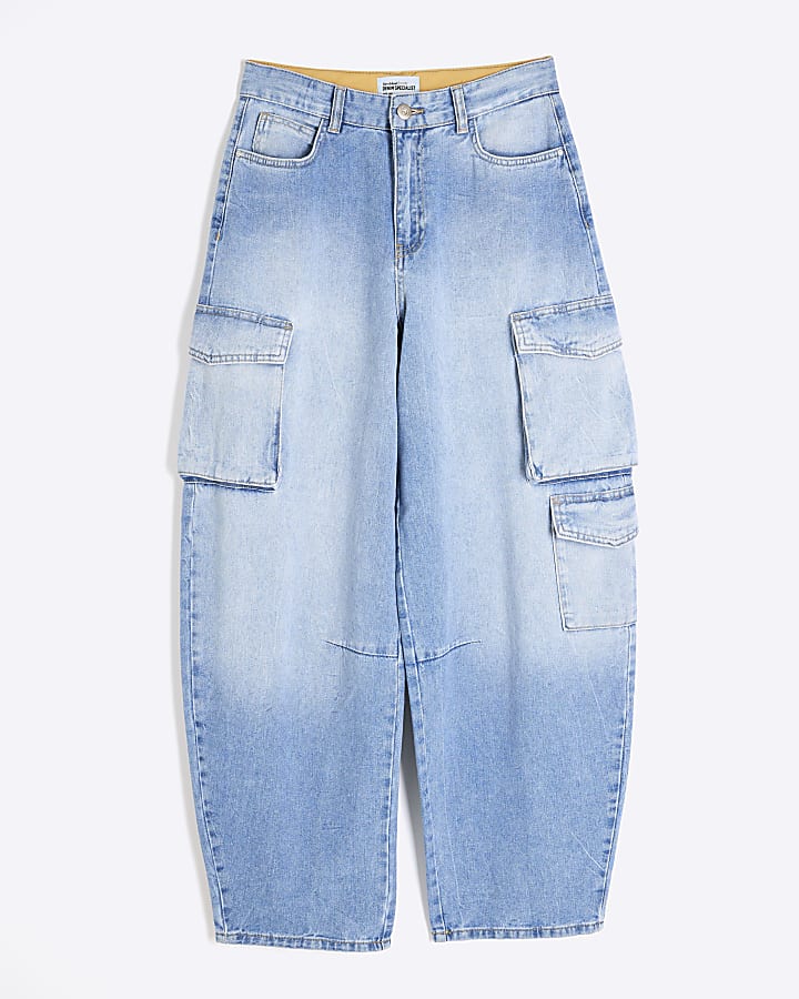 river island Blue Cargo Pocket Barrel Leg Jeans