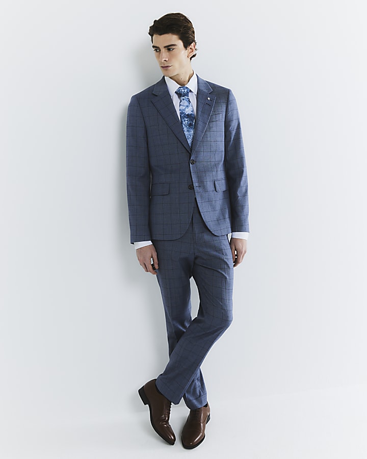 River Island Blue Check Skinny Suit Trousers