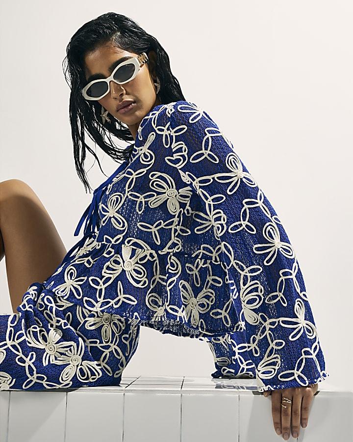 River Island Blue Cornelli Tie Front Beach Top