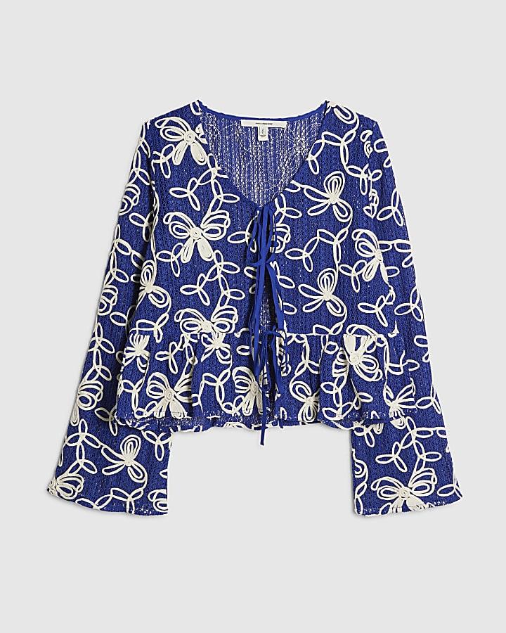 river island Blue Cornelli Tie front Beach Top