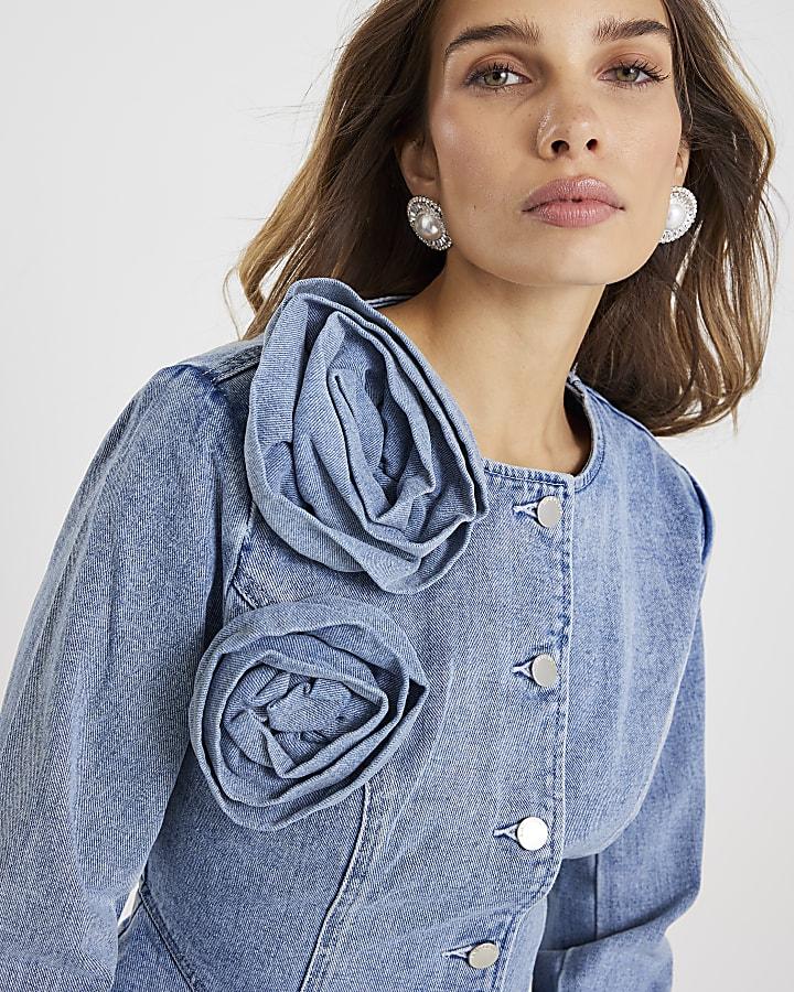 River Island Blue Corsage Peplum Denim Jacket