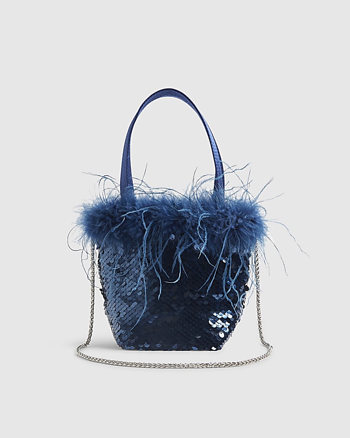 River Island Blue - Dark Feather Sequin Grab Clutch