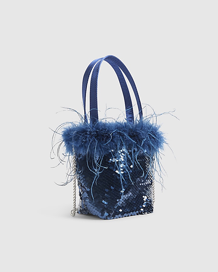 River Island Blue - Dark Feather Sequin Grab Clutch