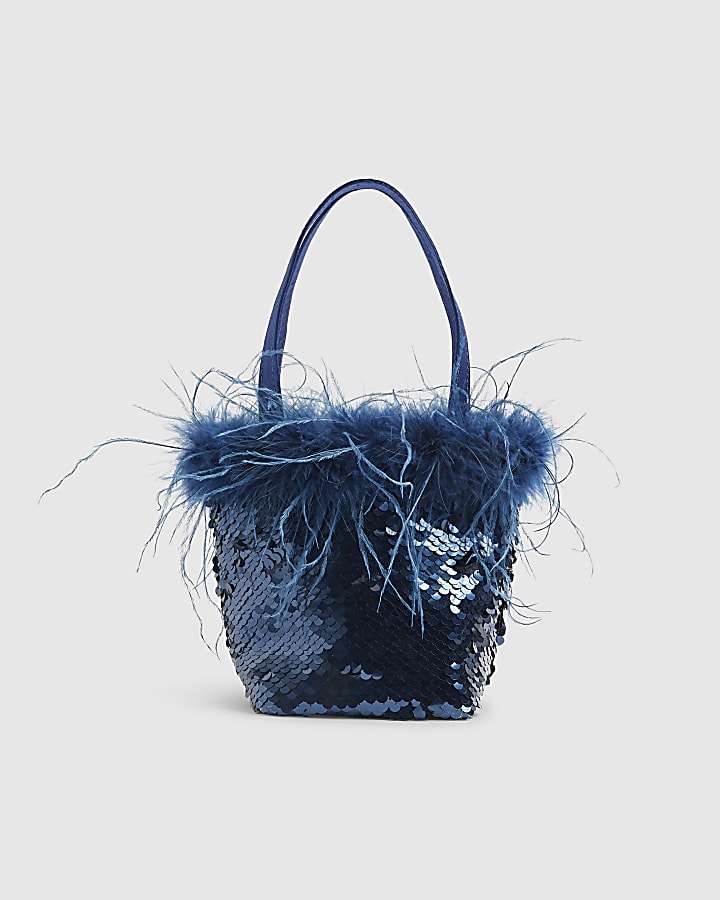 River Island Blue - Dark Feather Sequin Grab Clutch