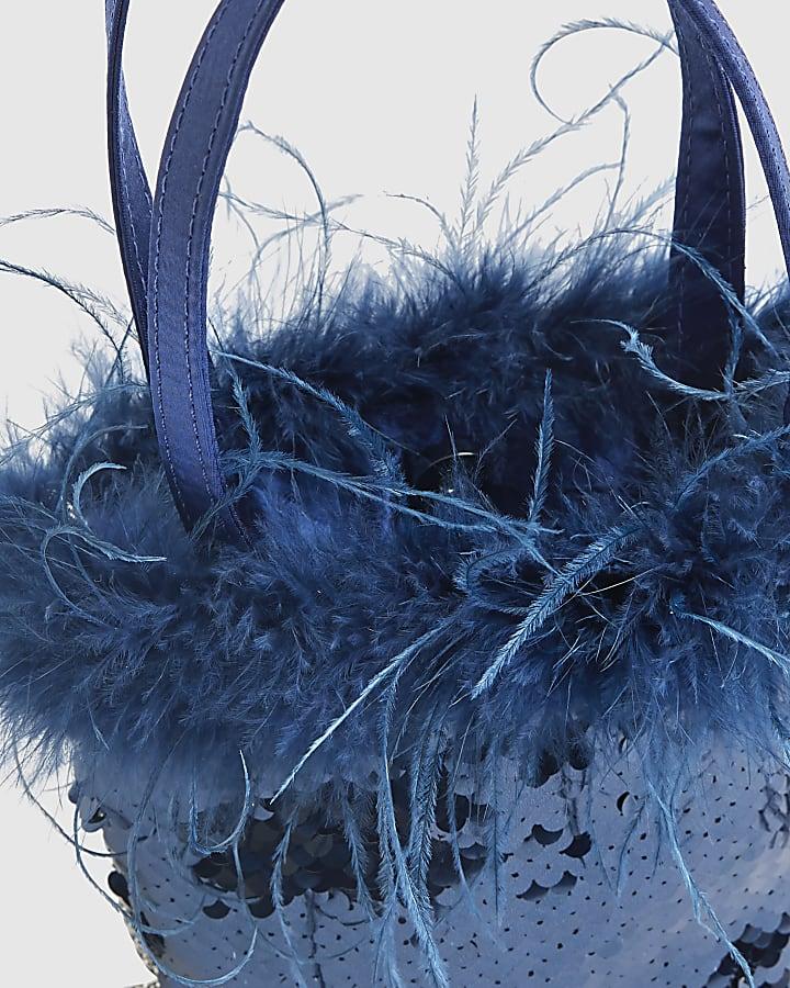 river island Blue - Dark Feather Sequin Grab Clutch