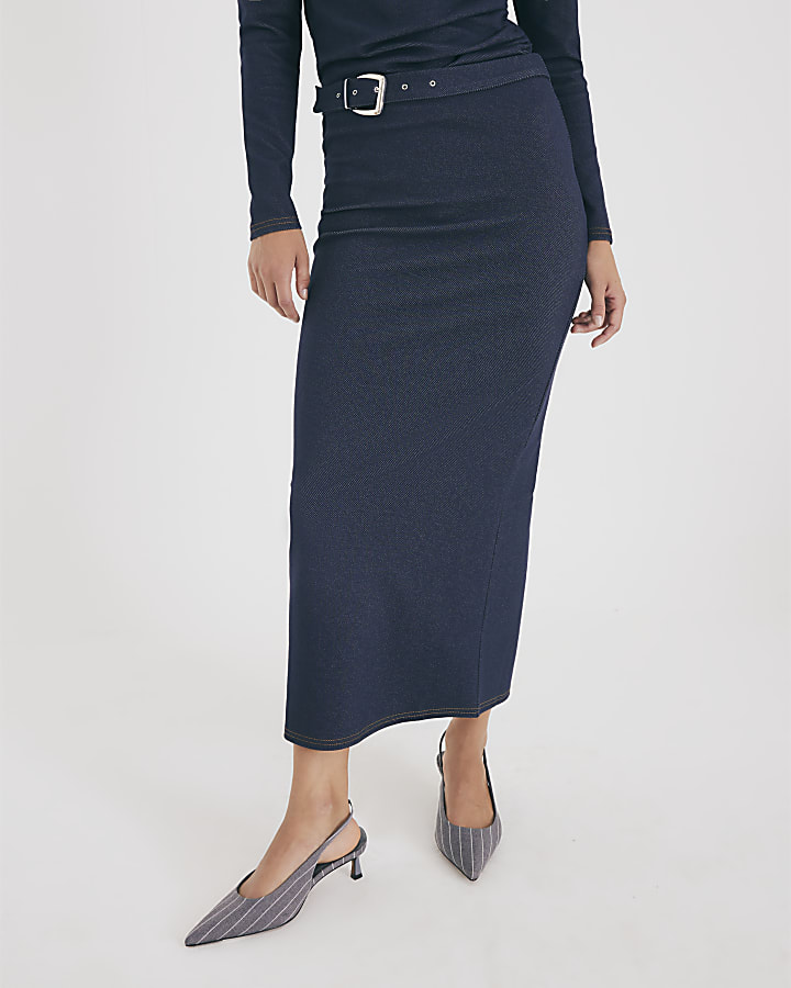 River Island Blue Denim Belted Midi Skirt