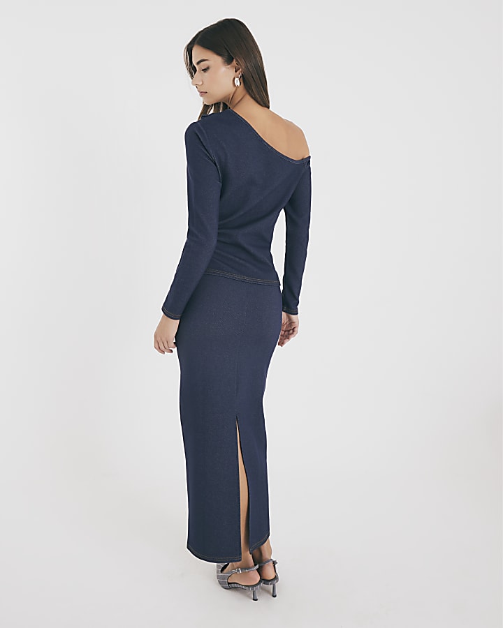 River Island Blue Denim Belted Midi Skirt