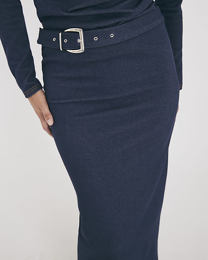 river island Blue Denim Belted Midi Skirt