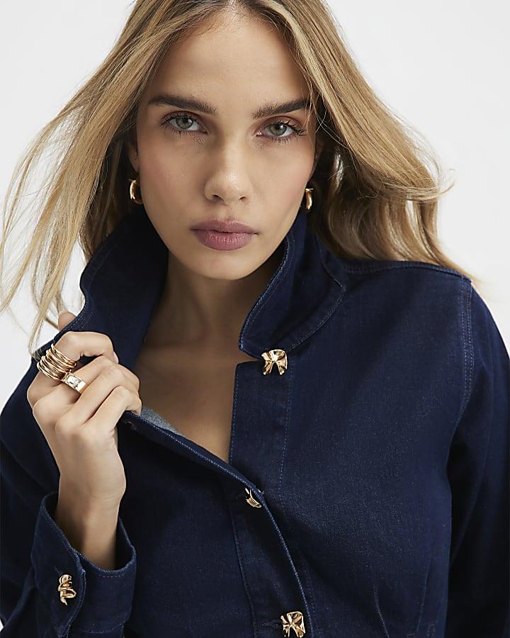 River Island Blue Denim Cinched Waist Mini Dress